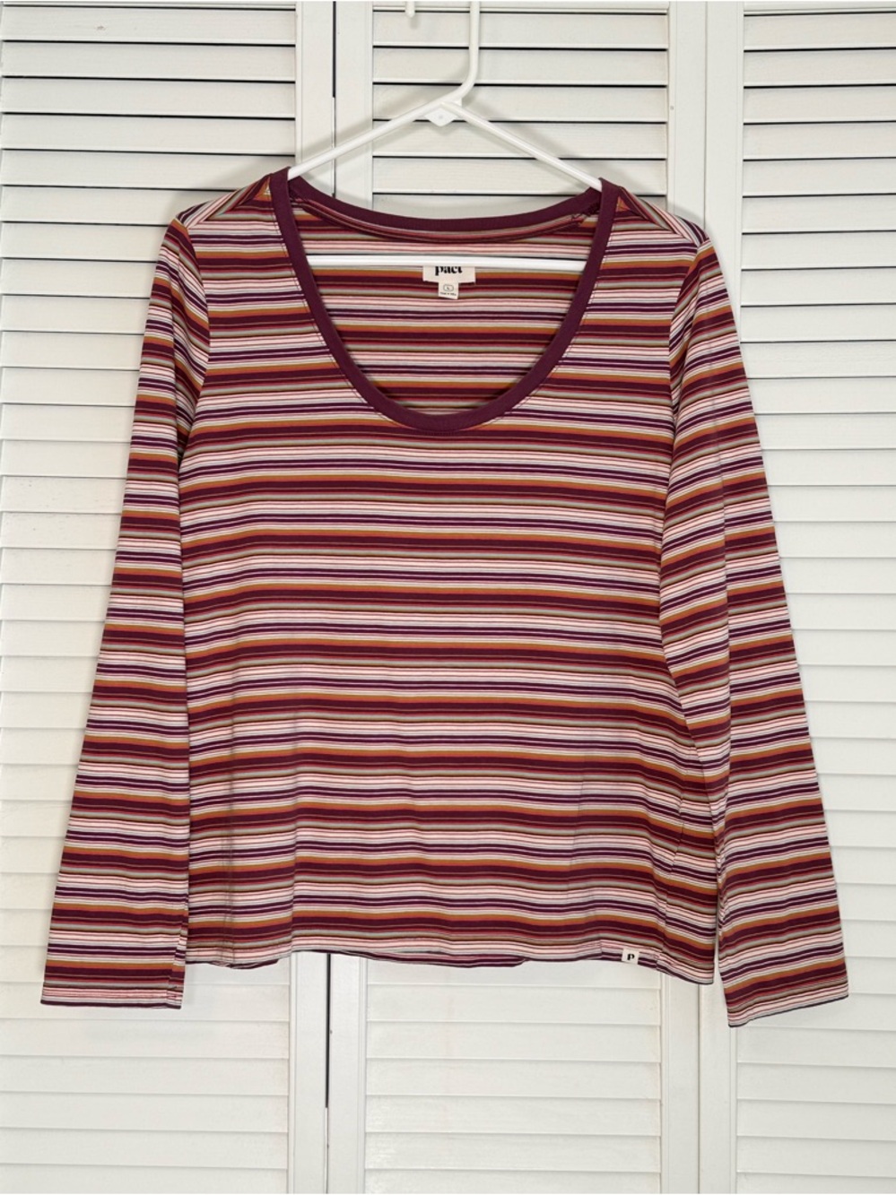 Pact Striped Long Sleeve T-Shirt Women Size L Burgundy Scoop Neck Organic Cotton